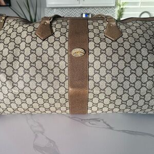 Gucci Gray Monogram Bag with Brown Leather